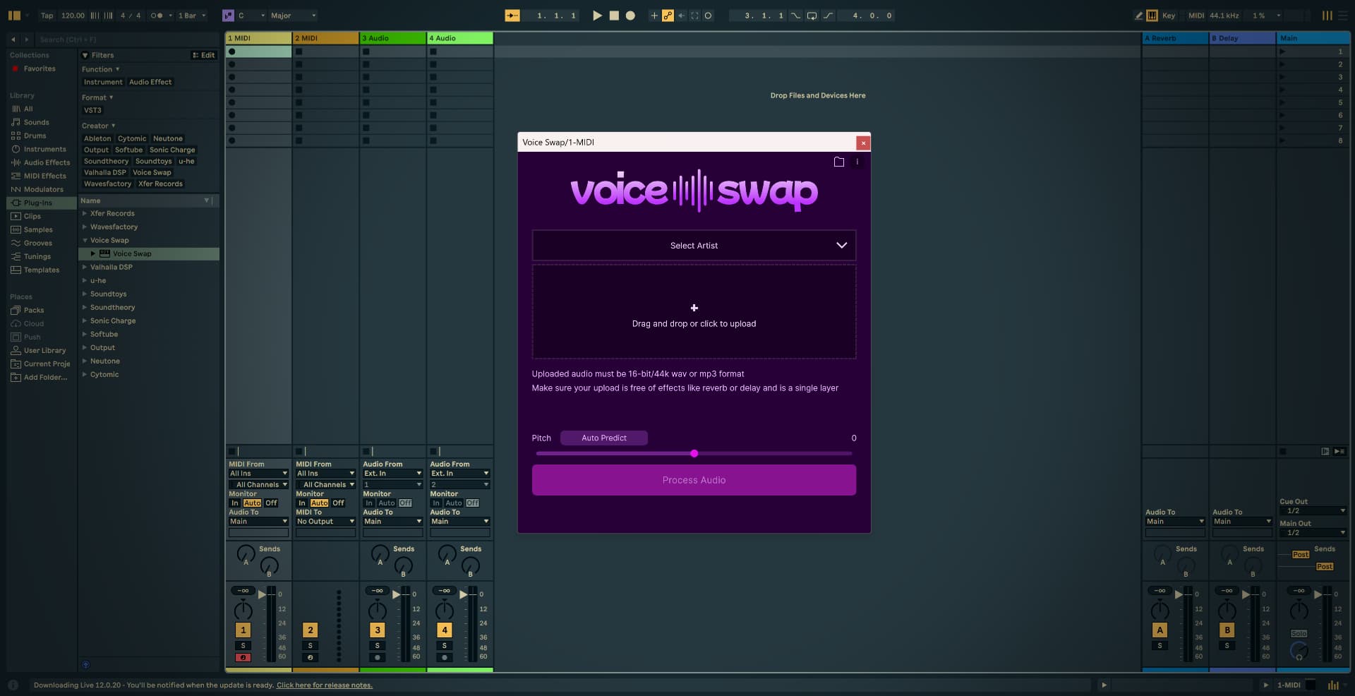 Voice-Swap VST plugin interface in DAW for AI voice transformation